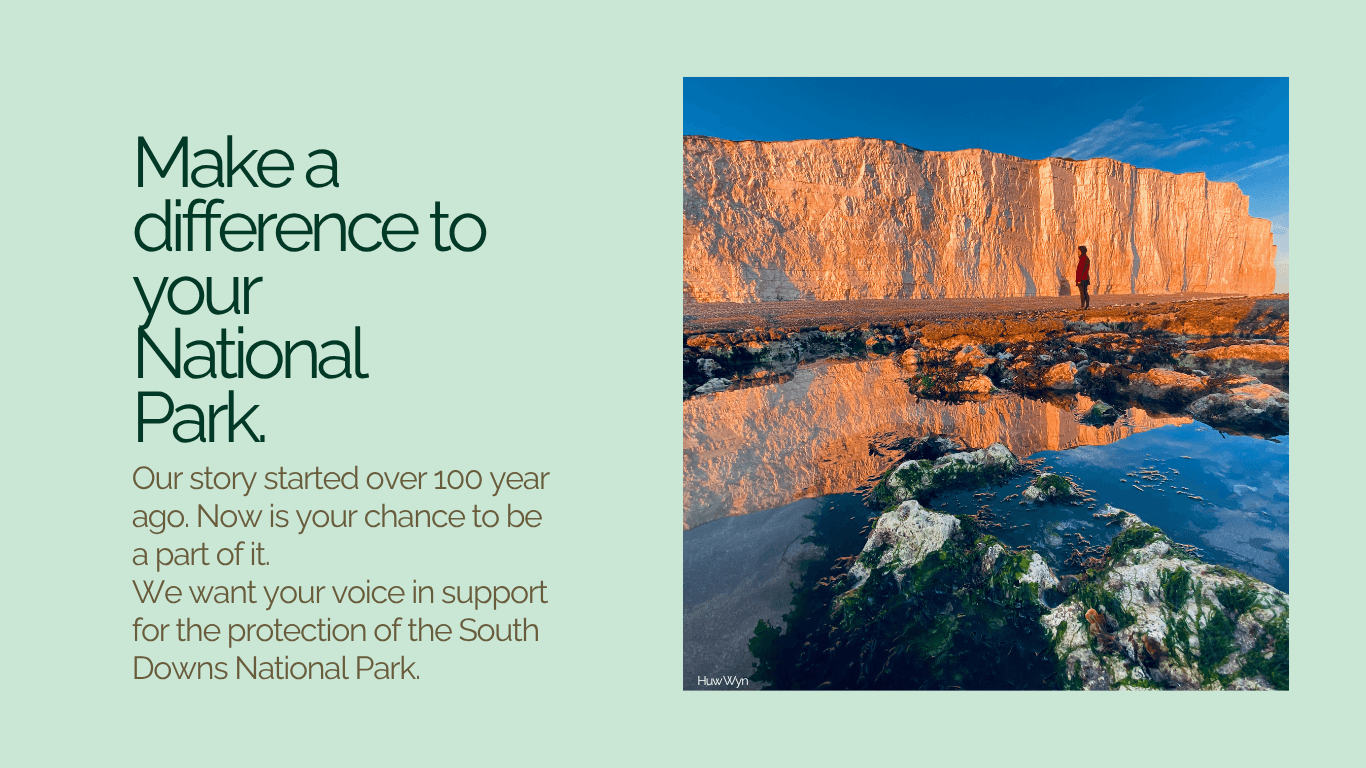 Poster promoting South Downs National Park protection. Text reads "Make a difference to your National Park" by joining as a young adult member. Image of cliffs with reflection in water.