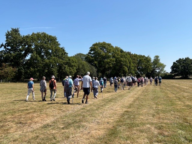 A group of walkers across a field from behind.